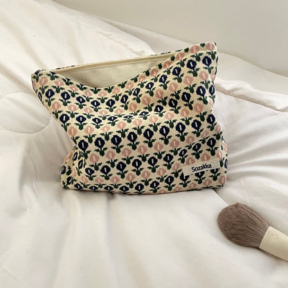 Fashion Corduroy Cosmetic Bag Retro Flower Print Travelling Beauty Storage Bags