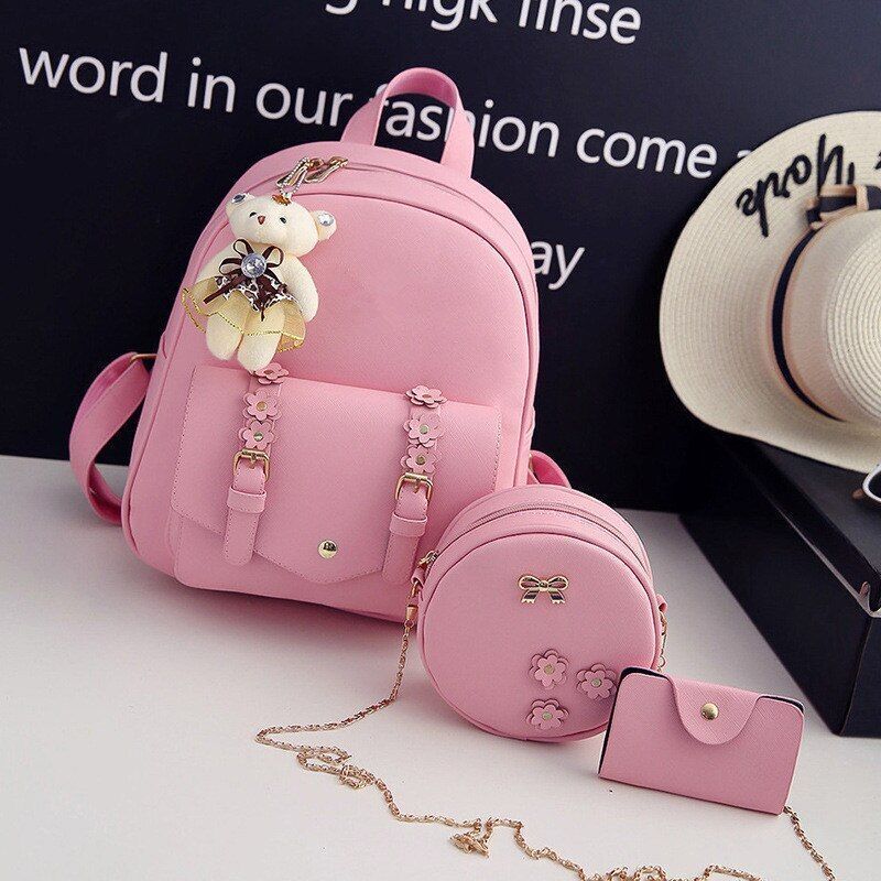 Leather Three Piece Backpack Sets Women Fashion Leather Backpack Card Holder 1PC