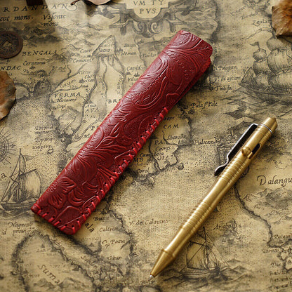 Portable Real Leather Pen Protector Bag Holder Pencil Case Handmade Carved Gifts