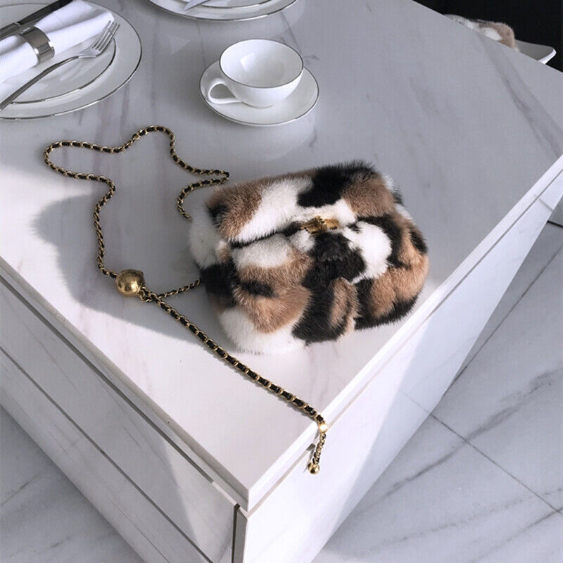Womens Fashion Genuine Leather Crossbody Bag Real Mink Fur Evening Party Bag