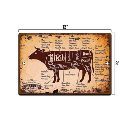 Beef Cuts Tin Sign 8x12 Inch Metal Wall Decor for Kitchen BBQ Farm Shop Cow Man
