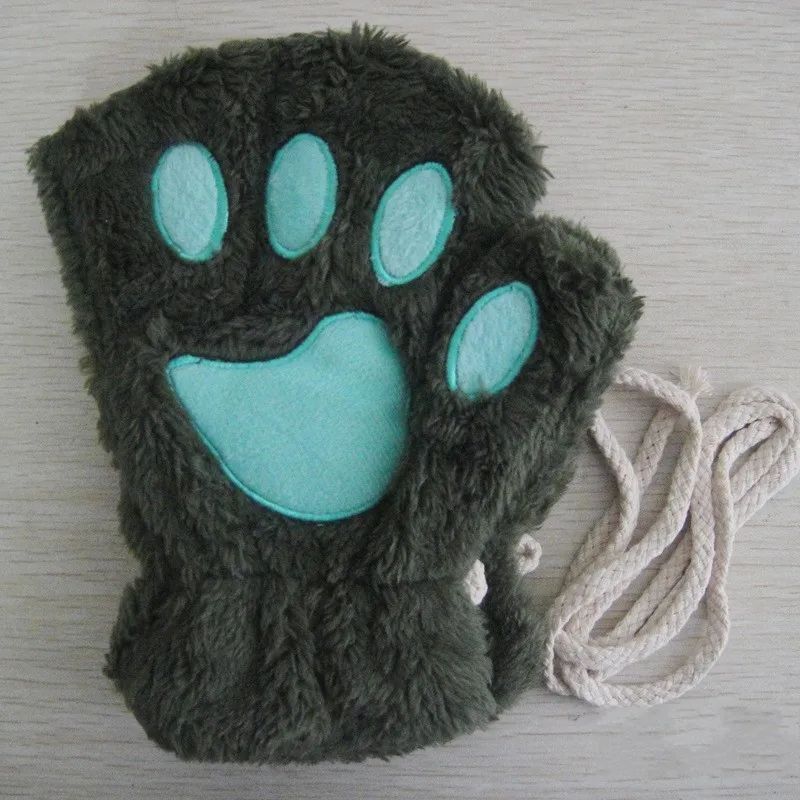 Women Fingerless Gloves Plush Fluffy Cat Paw Claw Panda Mittens Warm Winter Wear
