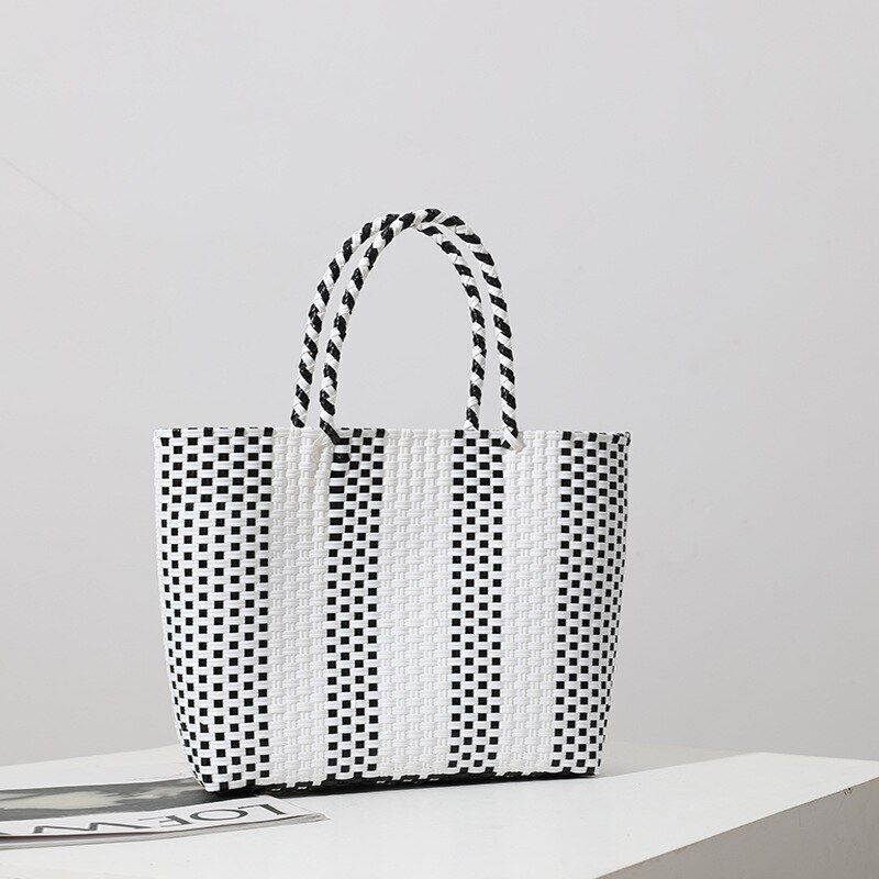 Plastic Hand-woven Bag Large Square Shopping Basket Bag Shoulder Purse Tote Bags