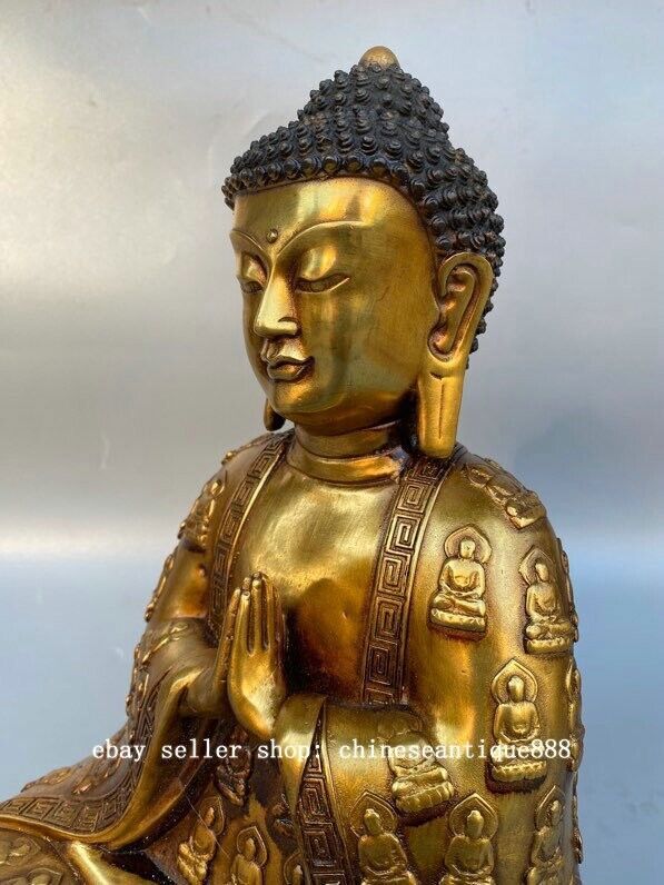 11" Qianlong Year Marked Copper Gilt Shakyamuni Sakyamuni Amitabha Buddha Statue
