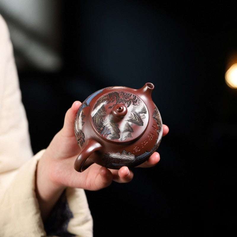 On Sales Real Yixing Zisha Tea Pot With Certificate Paper Engraved Kungfu Teapot