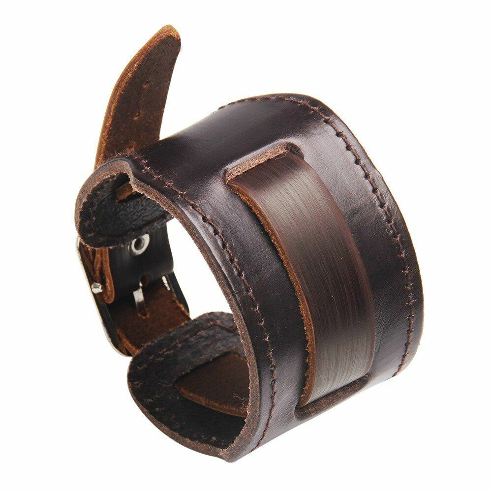 Men Fashion Punk Wristband Wide Genuine Leather Bracelet Adjustable Watch Strap