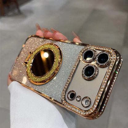 IPhone17 Magnetic Glitter Mobile Phone Case Rhinestone Mirror Invisible Bracket