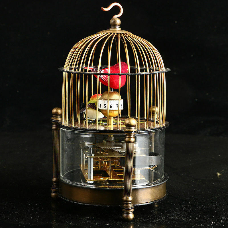 Exquisite Brass Mechanical Clock -birdcage Shape Two Bird Aroud Moving