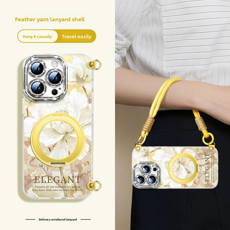 For iPhone 16 Pro/15/14/13 Flower Phone Case with Lanyard/Stand/Crossbody Strap