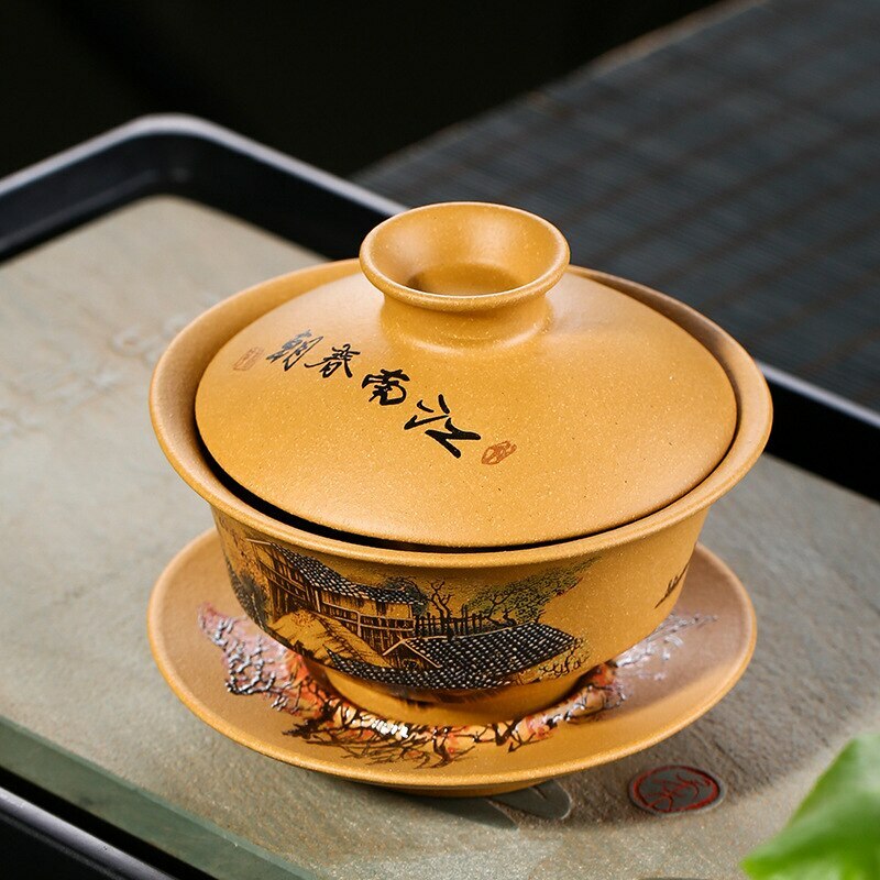 1pc Chinese Yixing Tea Cup Tureen Ore Mud Purple Clay Gaiwan Creative Teaware