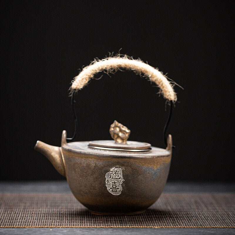 Teapot Loop-Handled Teapot Gold Glaze Tea Kettle Chinese Ceramic Pot Vintage