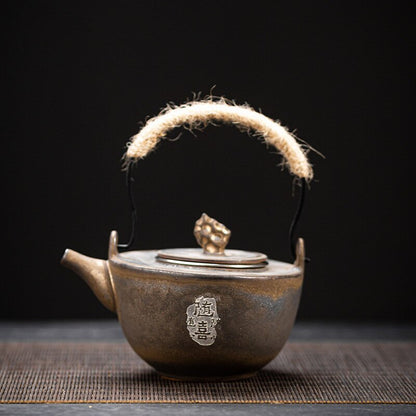 Teapot Loop-Handled Teapot Gold Glaze Tea Kettle Chinese Ceramic Pot Vintage