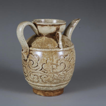 Chinese Song Ding Kiln Porcelain Carved Flowers Flagon Wine Pot Teapot 4.33 inch