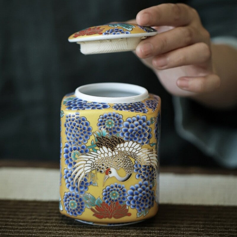 Complete Tea Set Color Enamel Porcelain Gaiwan Matching Pitcher Tea Cup Crane