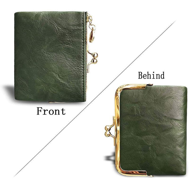 Cute Wallet Short Bifold Retro Coin Purse Zip Kiss Lock Green Synthetic Leather