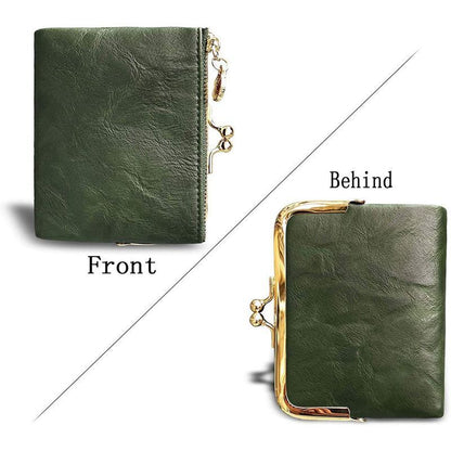 Cute Wallet Short Bifold Retro Coin Purse Zip Kiss Lock Green Synthetic Leather