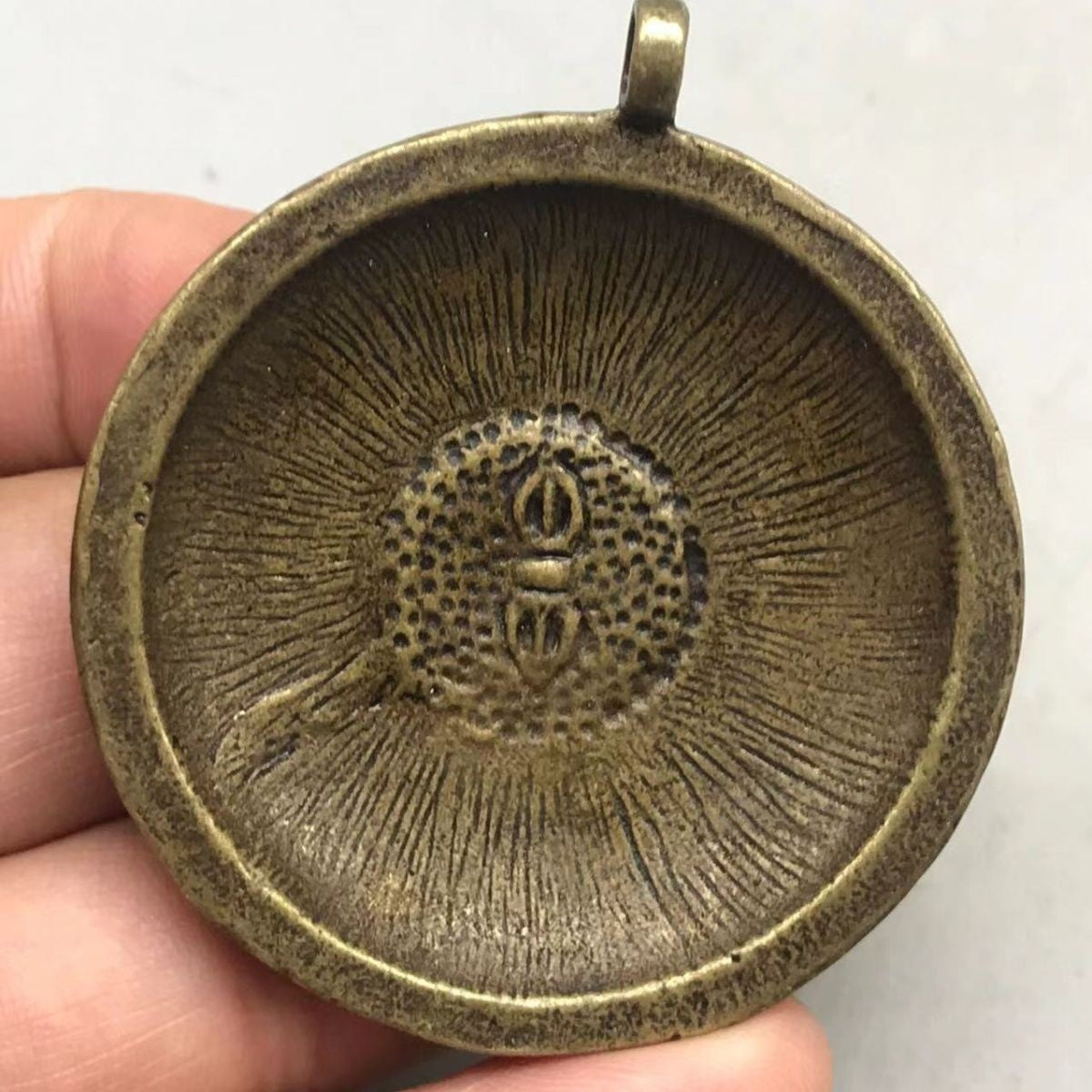 Vintage Tibetan Brass Pendant, Hand-Carved Buddha & Fish, Nepal Style