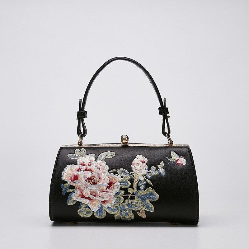 Embroidery Shoulder Bag Retro Synthetic Leather Floral Small Purse 23*12*11.5 CM