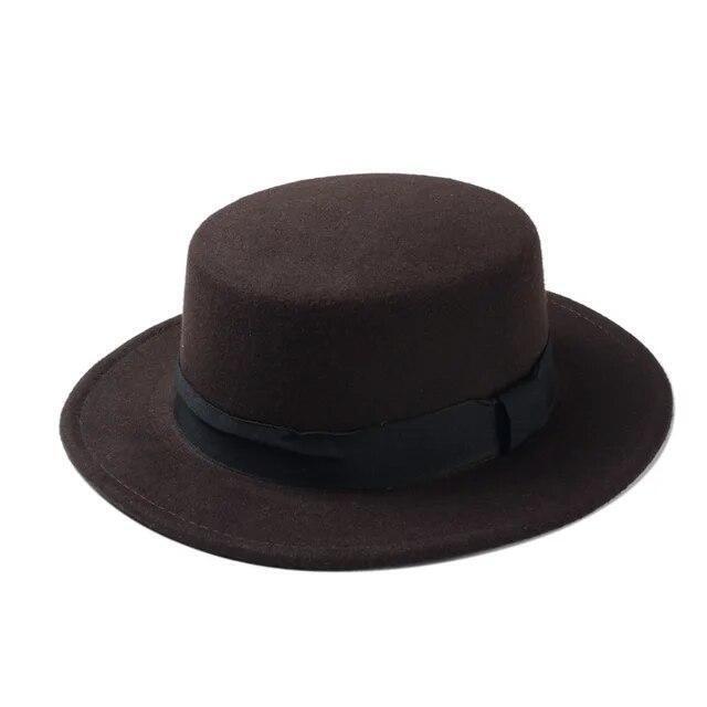 Flat Top Hat Wool Pork Pie Boater Fashion for Men Women Wide Brim Gambler Hat