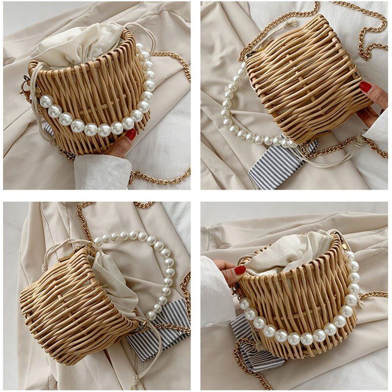 Woven Straw Bag Pearl Chain Round Handmade Handbag Shoulder Purse 16*16*14 CM