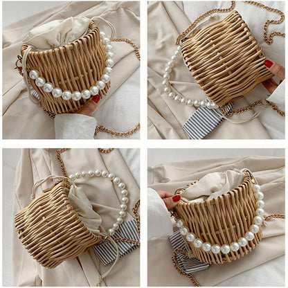 Woven Straw Bag Pearl Chain Round Handmade Handbag Shoulder Purse 16*16*14 CM