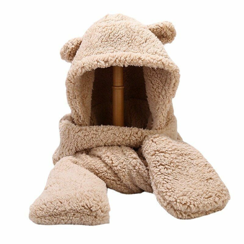 Women Fluffy Scarf Hat Gloves Set Warm 3In1 Hooded Cartoon Bear Cute Ears Winter