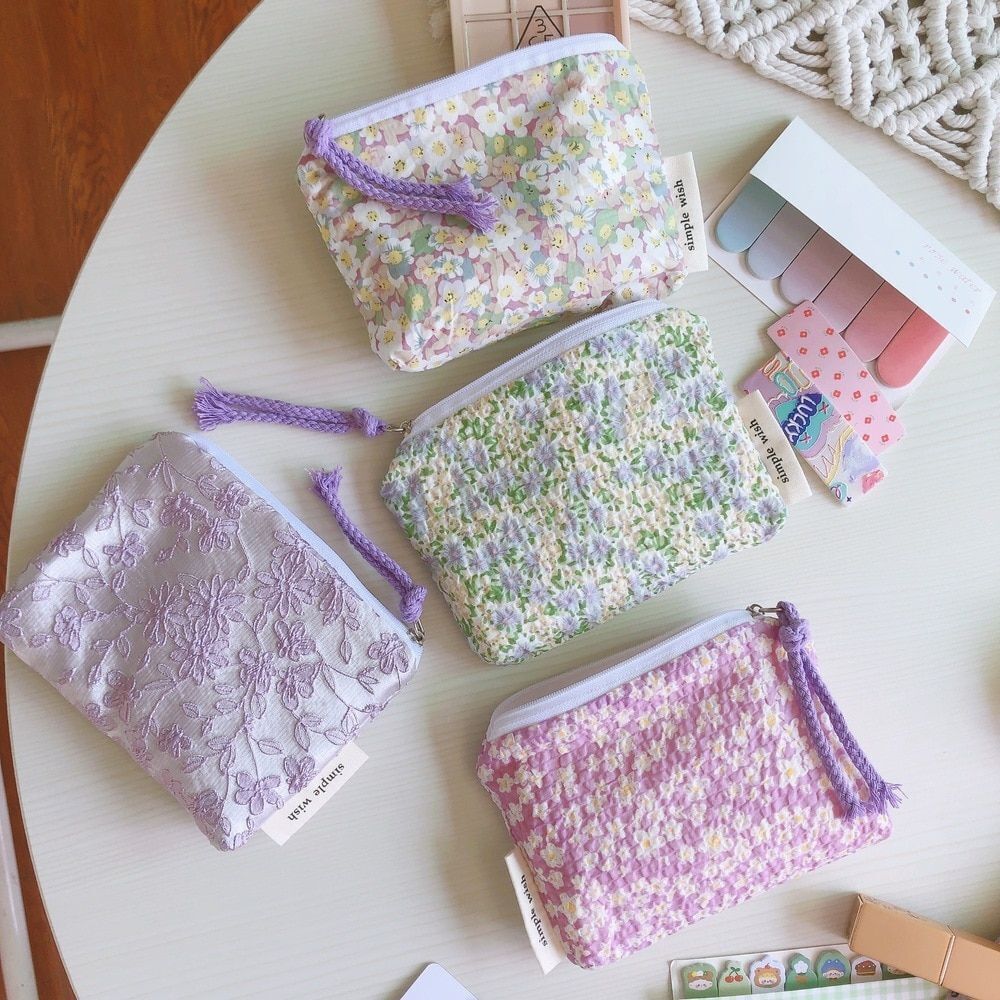 Small Cosmetic Make Up Bag Cotton Floral Organizer Bag Women Lipstick Case Purse