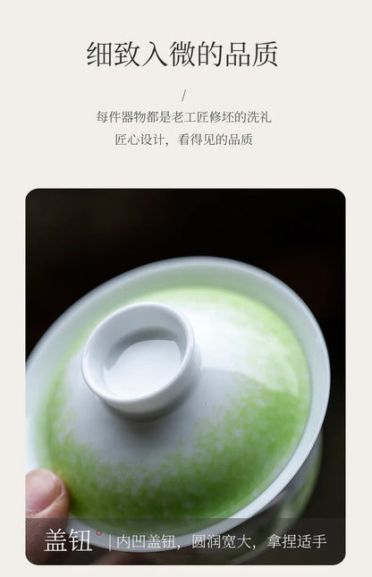 150ml Chinese Retro Grass Green Ceramic Tea Tureen Hand Painted Bamboo Tea Bowl