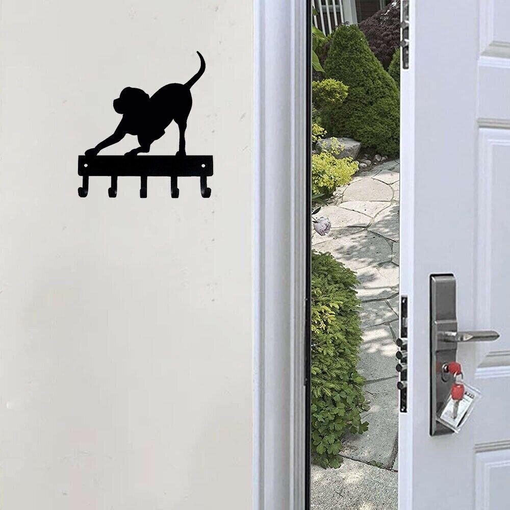 Wall Mounted Hook Up Hanger Playful Pup Key Rack Dog Leash Hanger Metal Art
