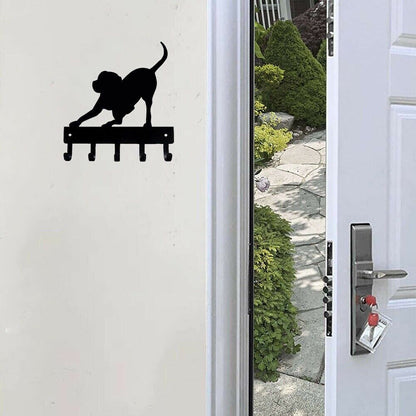 Wall Mounted Hook Up Hanger Playful Pup Key Rack Dog Leash Hanger Metal Art