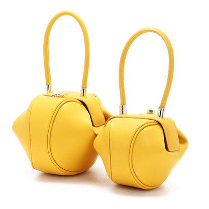 Real Leather Wonton Round Pouch Clutch Purse Top Handle Tote Handbag Grab Bag