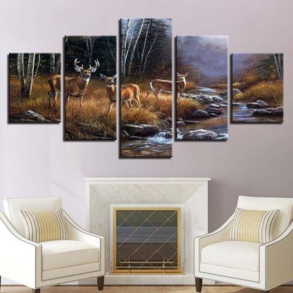 Deers Elks Forest Trees River Sunset Canvas Prints Painting Wall Art Decor 5PCS