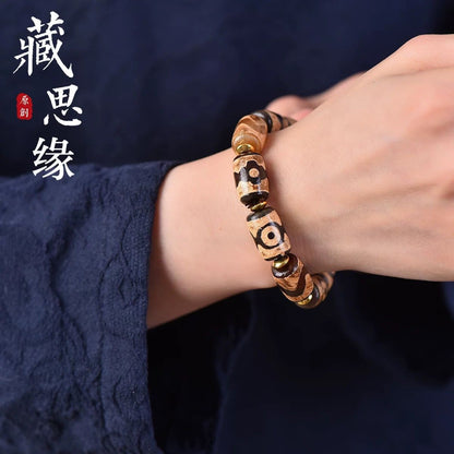 Tibetan Style Agate Bead Bracelet Three Eye Dzi Multi Gem Vintage Unisex