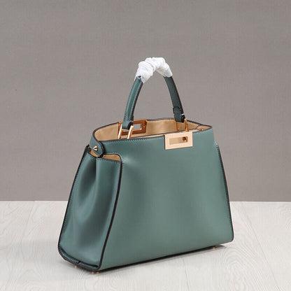 Real Leather Trapezoid Twist-Lock Tote Shoulder Bag Purse Crossbody Top Handle