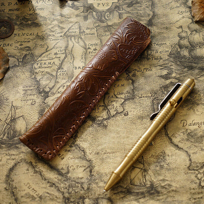 Portable Real Leather Pen Protector Bag Holder Pencil Case Handmade Carved Gifts