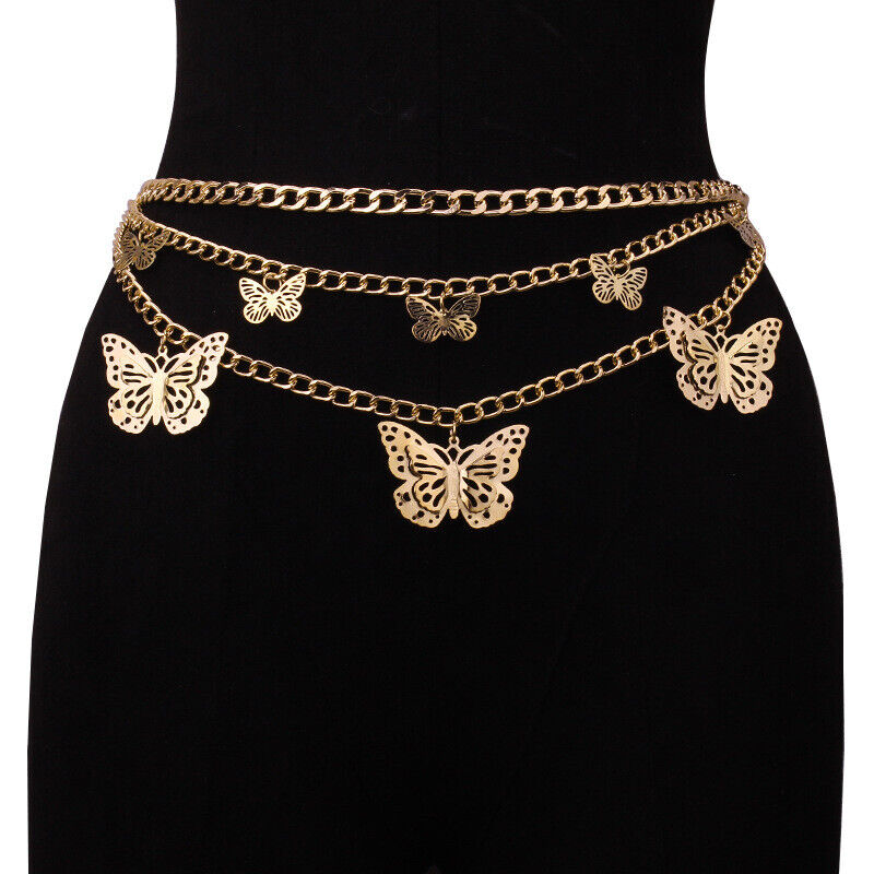 Women Belt Metal Shiny Silver Gold Butterfly Fashion Hollow Chain Thin Waistband