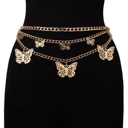 Women Belt Metal Shiny Silver Gold Butterfly Fashion Hollow Chain Thin Waistband