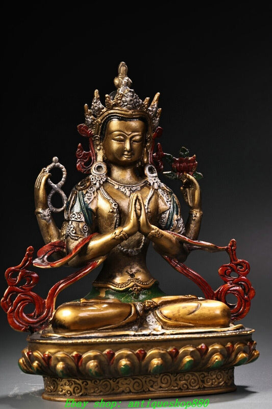 7.8''Old Tibet Bronze Painting 4 arms Chenrezig Avalokiteshvara Buddha Statue