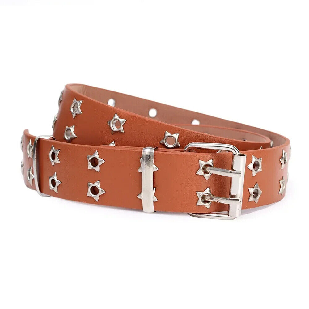Women Belt Pu Leather Star Eye Rivet Punk Hollow Double Pin Buckle Men Waistband