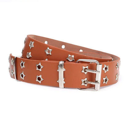 Women Belt Pu Leather Star Eye Rivet Punk Hollow Double Pin Buckle Men Waistband