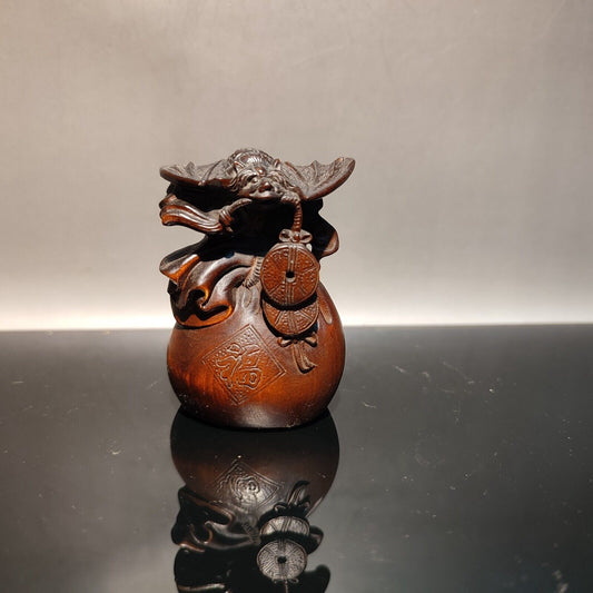 Beautiful Fu Coin Bat Statue Wooden Sculpture Home Decor Gift Decor Ornament Art