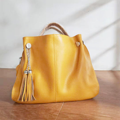 Yellow Blue Tassel Cowhide Leather Handbag Large Soft Leather Tote Shoulder Bag
