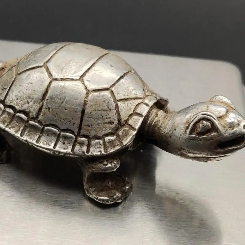 Old Chinese 2.4" Silver Folk Feng Shui Statue Animal Turtel Tortoise Longevity