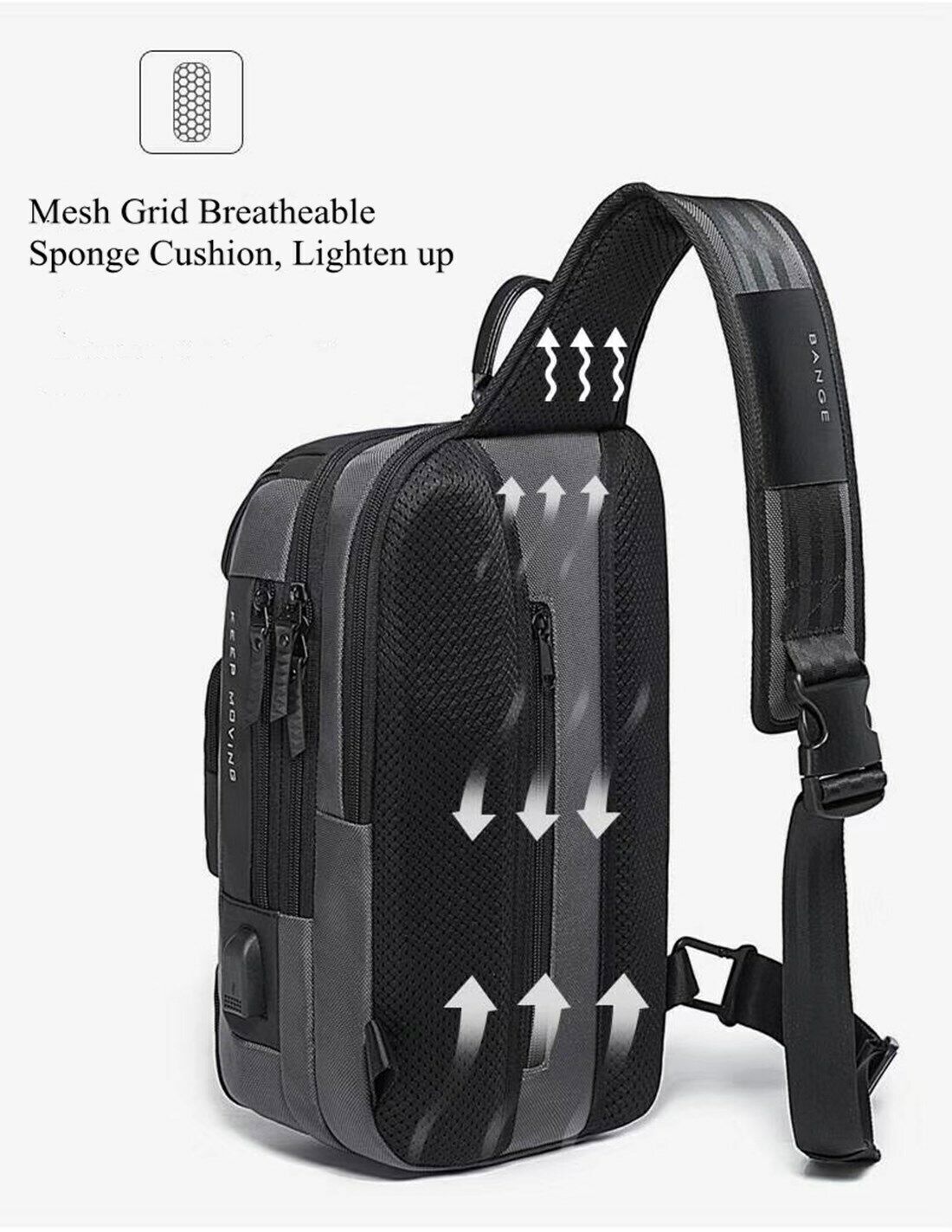 BG Men Messenger Shoulder Bag Short Trip Chest Travel Bag Pack+USB Port Luxury