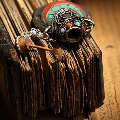 Tibetan Copper Snuff Bottle Pendant Inlaid Gem Handmade Tibetan Art Jewelry