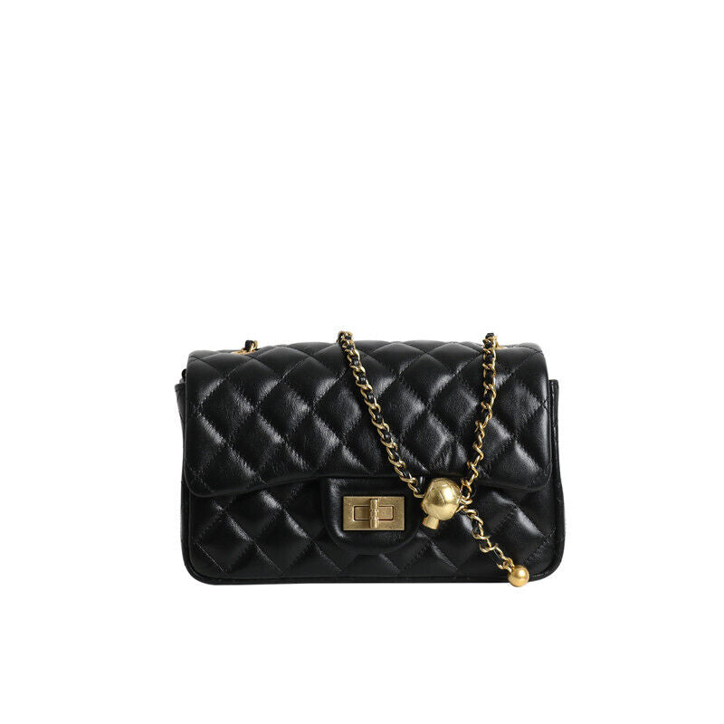 Quilted Real Leather Small Flap Purse Handbag Shoulder Bag w/ Chain Clutch Pouch