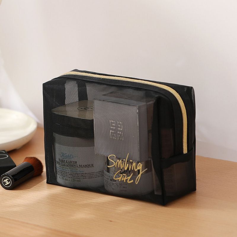 Black Mesh Cosmetic Bag Toiletry Makeup Transparent Traveling Brushes Organizer