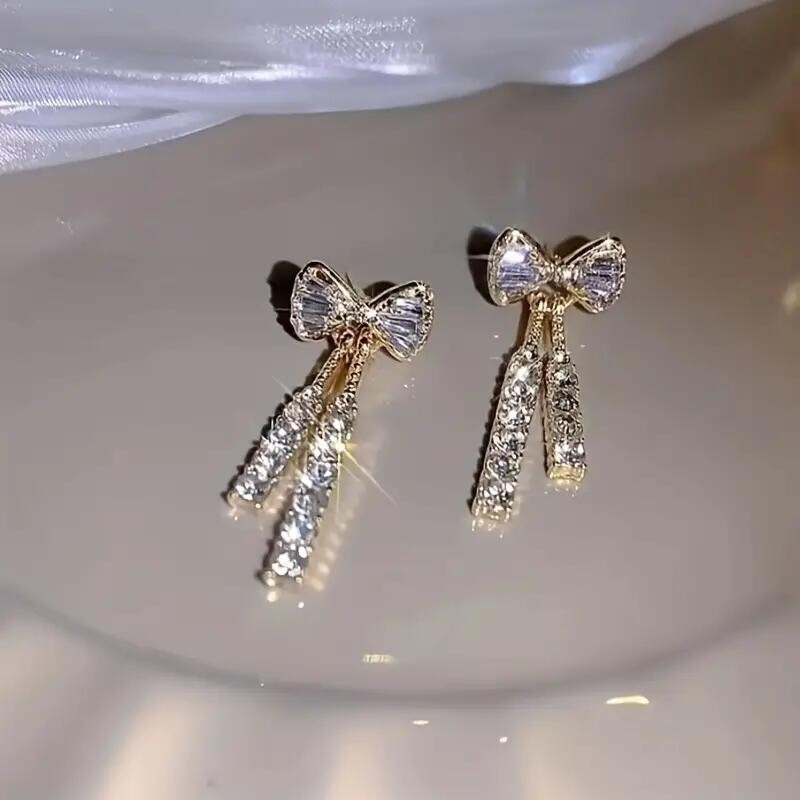 Women Bow Zircon Crystal Earrings Shinny Fashion Gift Trendy Sparkling Stylish