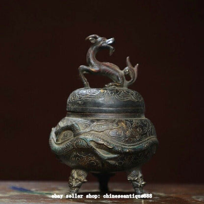 5.5" Marked Antique China Pure Bronze Dynasty Dragon Beast Incense Burner Censer
