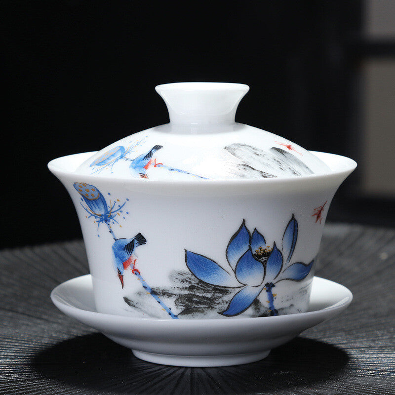 China Gaiwan Porcelain Handpainted Under Glaze Ceramic Tea Cup Bowl Saucer Lid